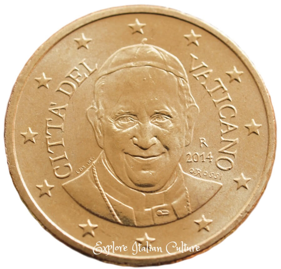 Monnaie italienne: les pièces du Vatican ont toutes la tête du Pape imprimée au verso.'s head printed on the reverse side.