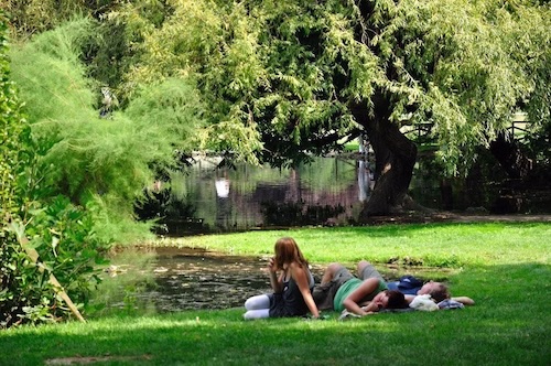 A few people relaxing on the grass in Sempione Park in Milan A few people relaxing on the grass in Sempione Park in Milan