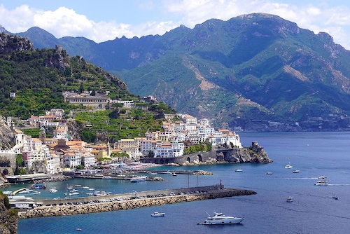 An aerial view of Amalfi town