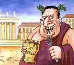 A cartoon of an ancient roman eating
