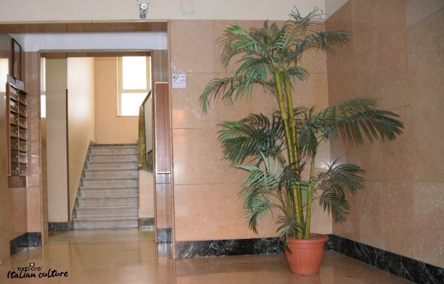 The bright, spacious lobby area of Laura's apartment with large plant and staircase.
