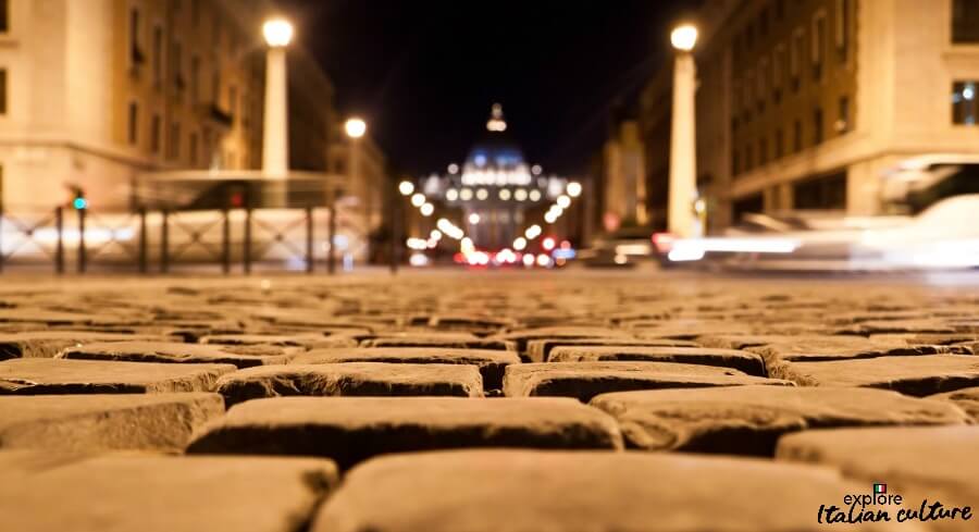 The cobblestones leading to St Peter's Basilica, Rome.