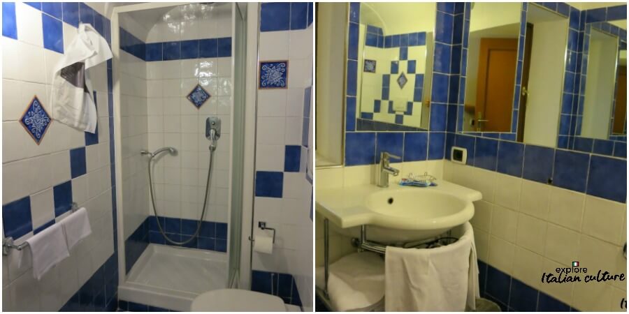 Hotel Gea's well proportioned bathroom. The Hotel Gea di Vulcano's bathroom, with a large sink and plenty of mirrors.