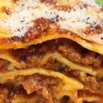 A close-up of a portion of lasagne