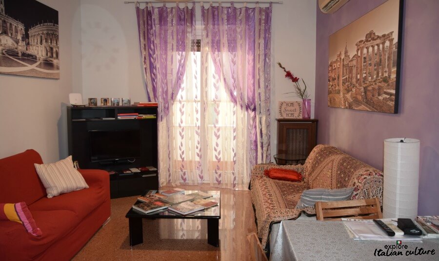 The comfortable, spacious living room of Laura's apartment with two sofas and a large television.