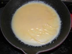 pancake batter in a frying pan