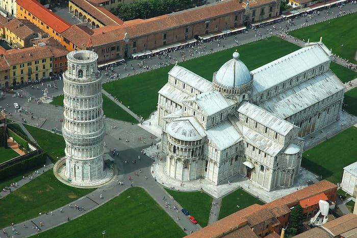 The Piazza dei miracoli in Pisa viewed from the air