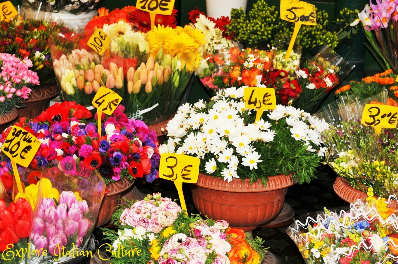 Spring flowers in the Campo de'Fiori market, Rome.