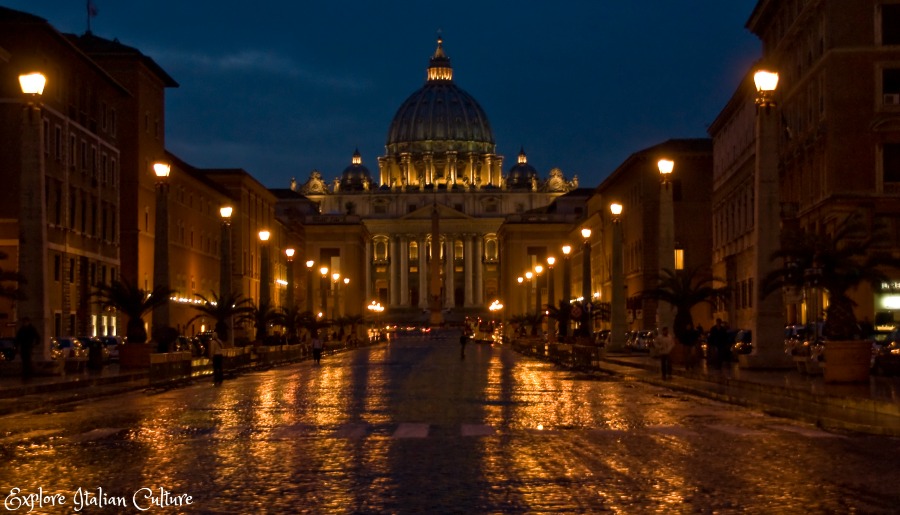 St Peter's Basilica, Rome, at night.