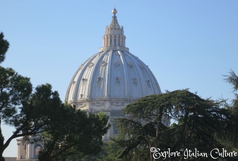 The dome of St Peter's Basilica, Rome, seen from the Vatican gardens in late March.