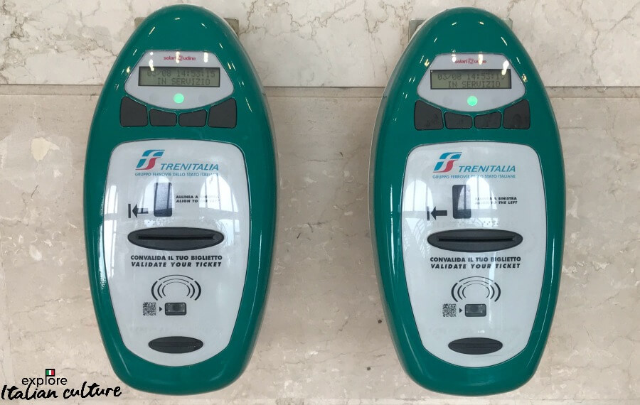 Ticket validation machines at an Italian train station.