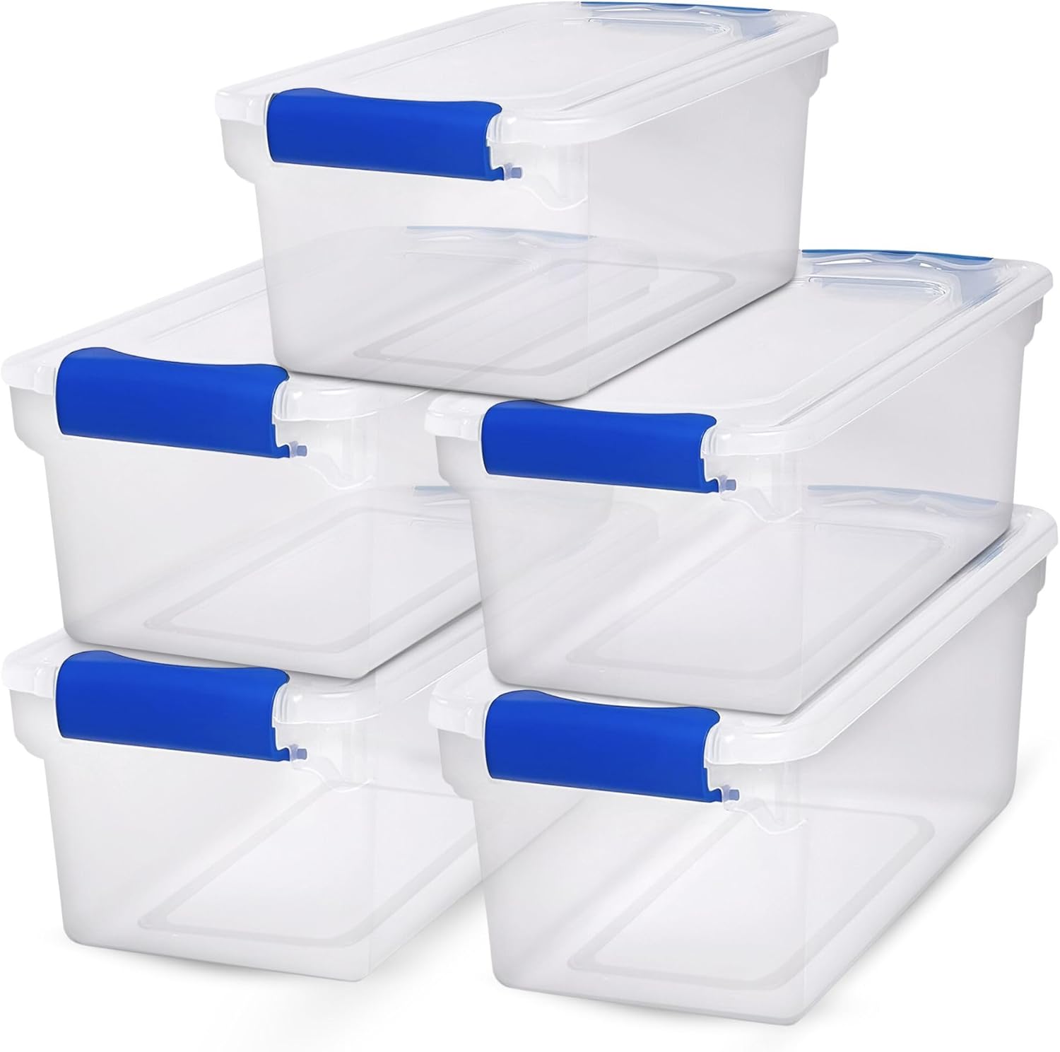 Five tupperware boxes stacked in a pyramid