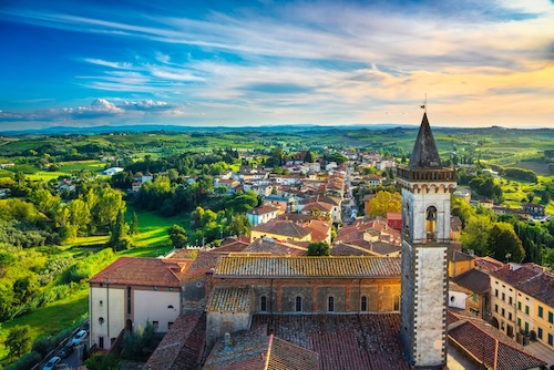 A view of the village of Vinci in Tuscany, Italy, from above