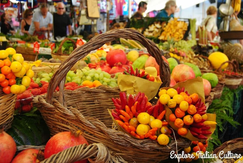 Fresh produce in a basket in a Rome market.